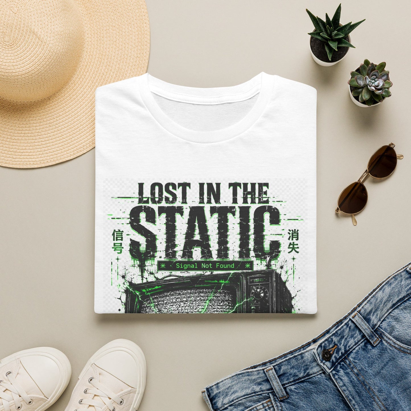 Lost in the Static T-Shirt — Retro TV Glitch Graphic Tee